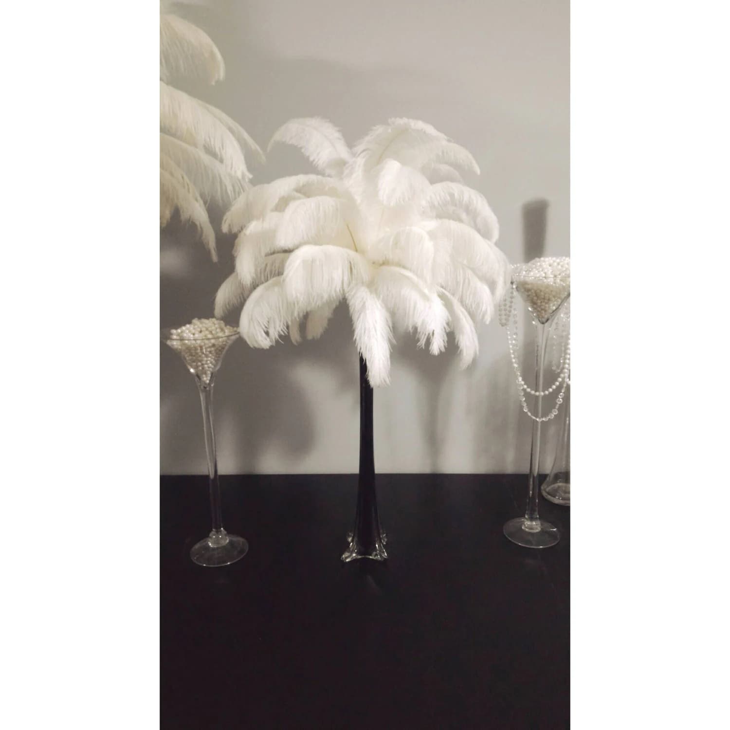 Black Eiffel Tower Vase Ostrich Feather Centerpiece / Black and white themed centerpiece/ De masque